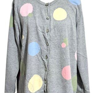 Pastel Dots Cardigan Sweater Womens 1X by CJ Banks Button Front Gray Pink Blue Y